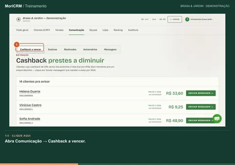Demonstração de avise antes de o cashback diminuir